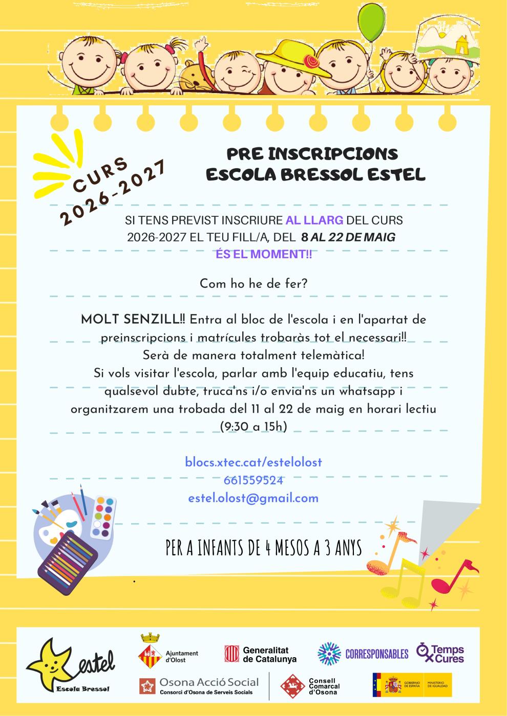 Obertes les Preinscripcons per l'Escola Bressol Estel: del 8 al 22 de maig